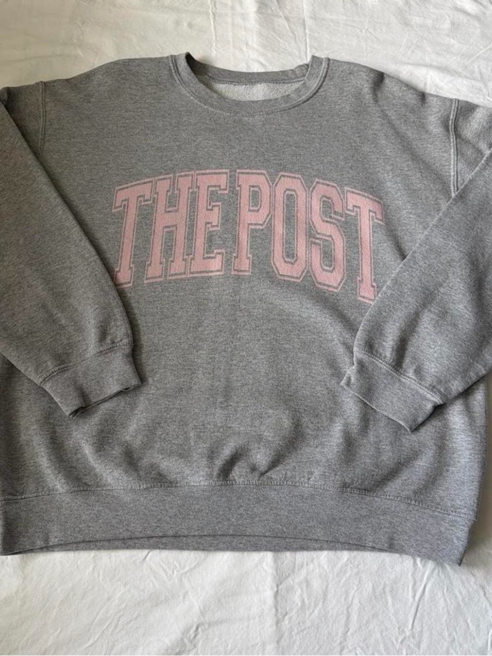 Gray Crewneck Sweatshirt with Pink 'THE POST' Chest Print by